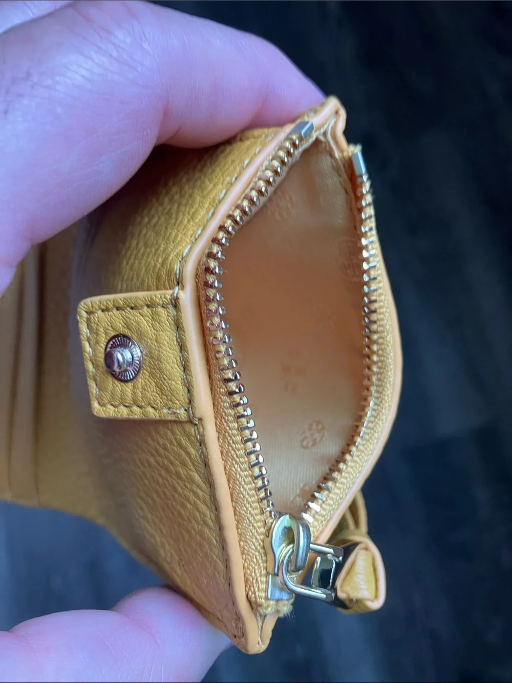 Tory Burch Pebbled Leather Zip Card Case in Mustard